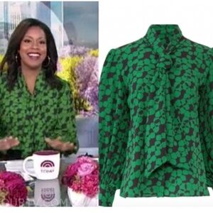 Hunter Bell - New York Green & Black Finley Tie Neck Long Sleeve Blouse Size M